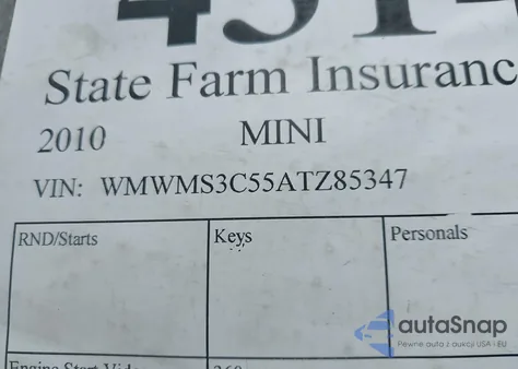 2010 Mini Cooper S z USA, uszkodzony, nr VIN WMWMS3C55ATZ85347